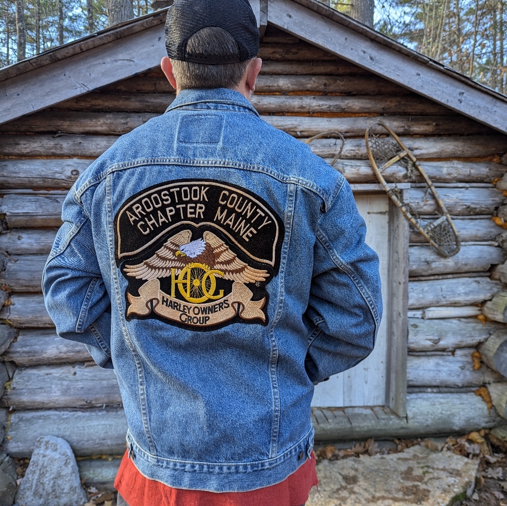 Levis Vintage Jean Jacket with Maine Harley Biker BackpatchTrucker Red Tab XL